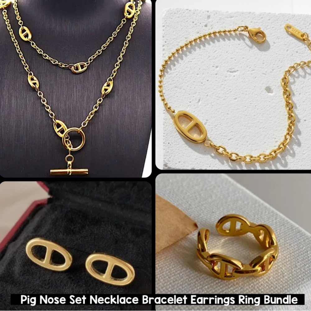 Gold Pig Nose Necklace, Bracelet, Ring, Earrings Set Gold Plated